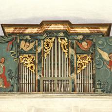 Orgel aus dem 18. Jahrhundert. Auf den Flügeln erkennt man König David mit der Harfe sowie einen Musikengel.