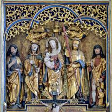 Schrein (v.l.n.r.): Johannes der Täufer · Hl. Sebastian · Maria mit dem Kind · Hl. Georg · der Pestheilige Rochus